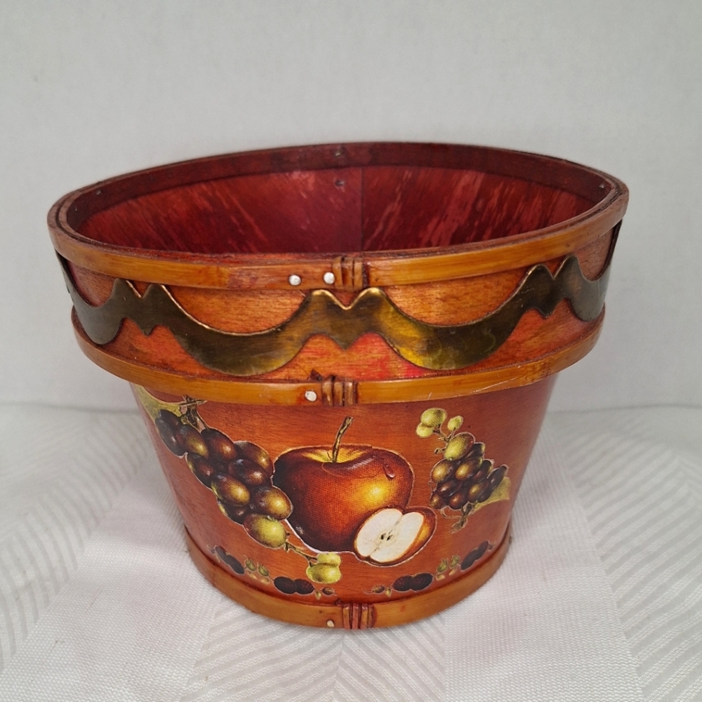 Vintage Hand Painted Fruit-Themed Decorative Wooden Basket w Brass Accent